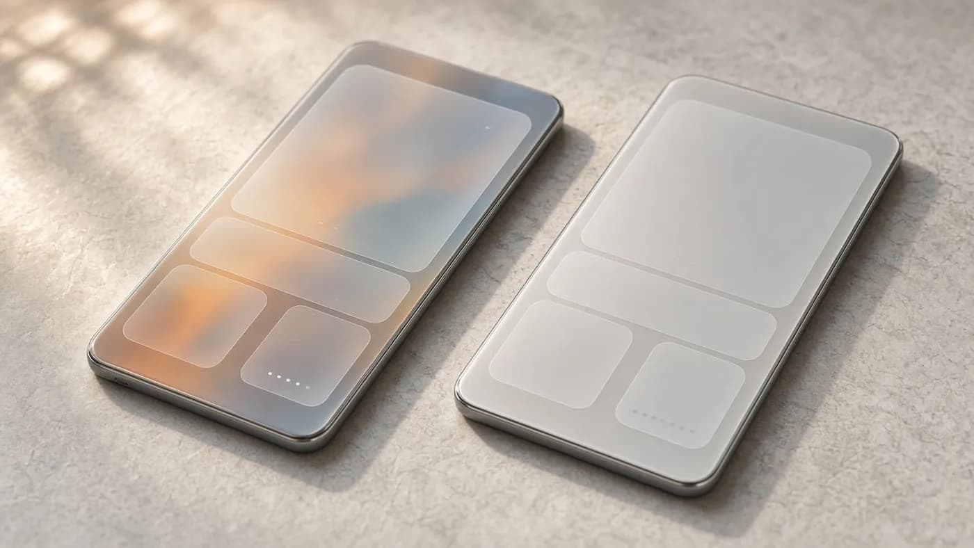 Two smartphones side by side, one with clear see-through interface panels and one with frosted tinted panels