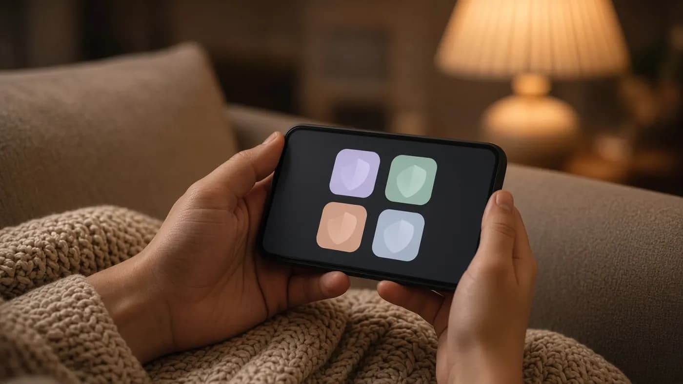 Two hands holding a smartphone on a sofa, its screen showing four pastel app tiles marked with shield shapes