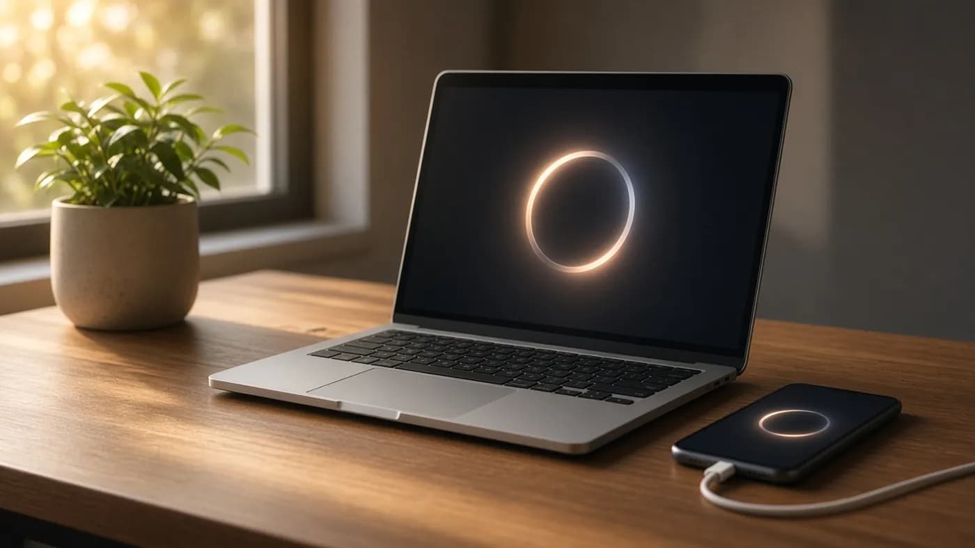 An open laptop and a charging smartphone on a desk, both screens showing a glowing circular progress ring