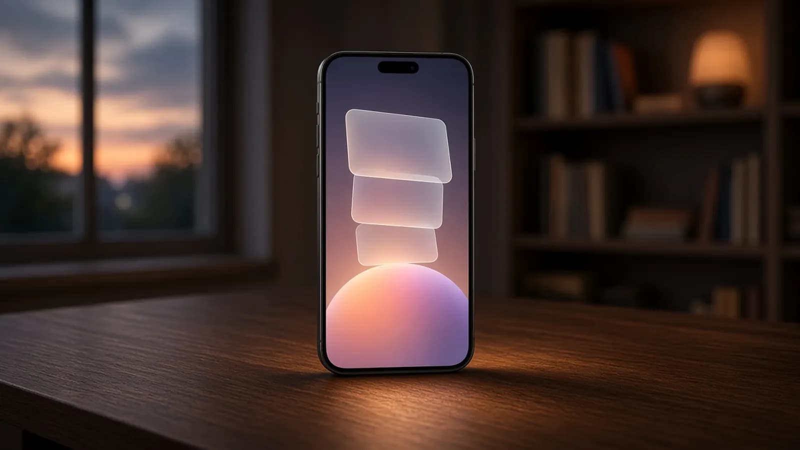 A smartphone standing on a wooden desk at dusk, its screen showing a glowing orb beneath frosted glass-like panels