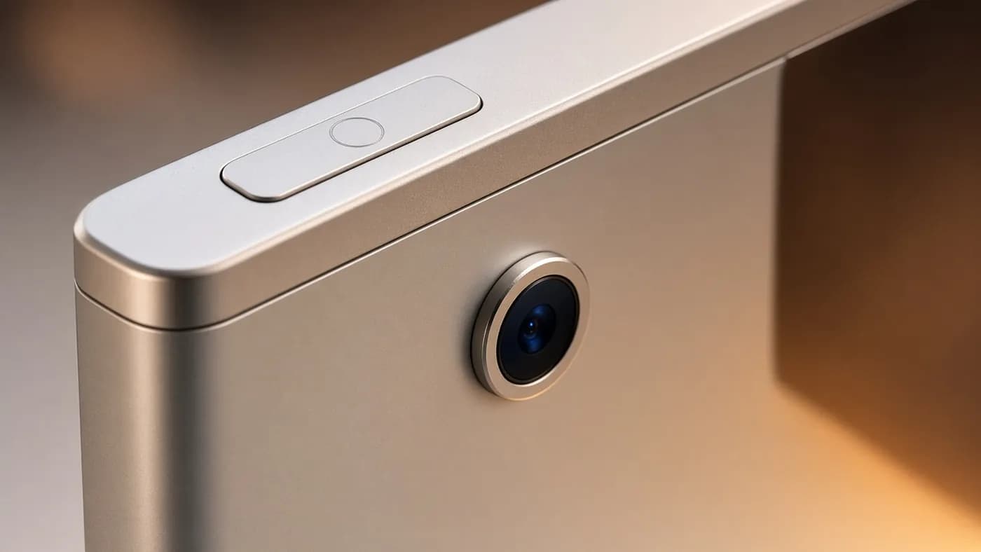 Close-up of a thin champagne aluminum tablet's top edge showing a flat top button with a sensor ring above a single rear camera lens