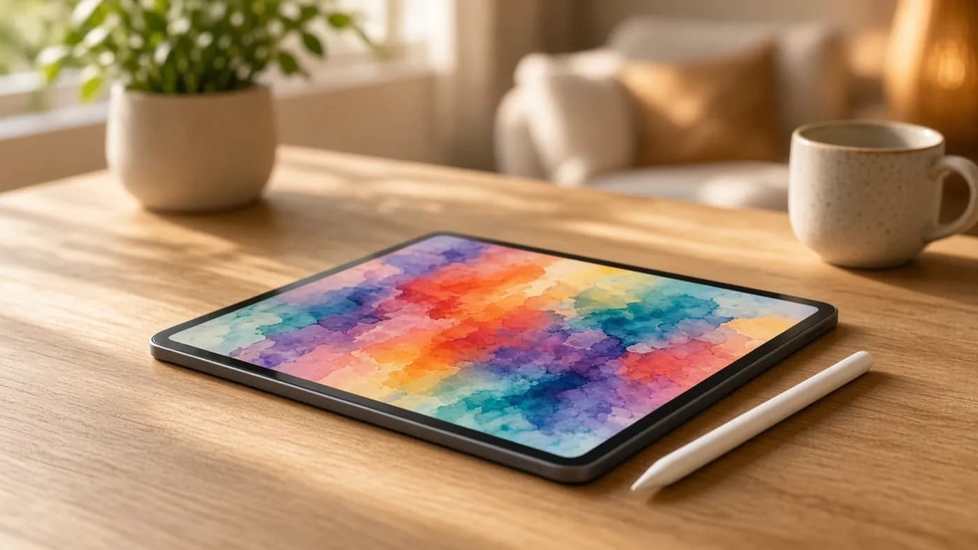 A tablet on a wooden desk in a sunlit living room displaying a colorful abstract watercolor, with a white stylus lying beside it