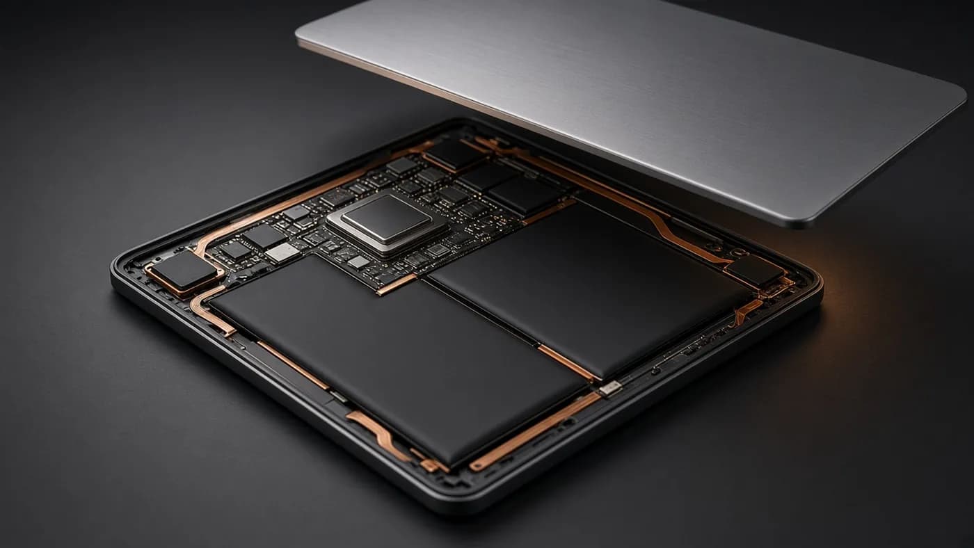 Concept render of a thin tablet with its back removed, showing a central chip, a large flat battery, and neatly routed internal components