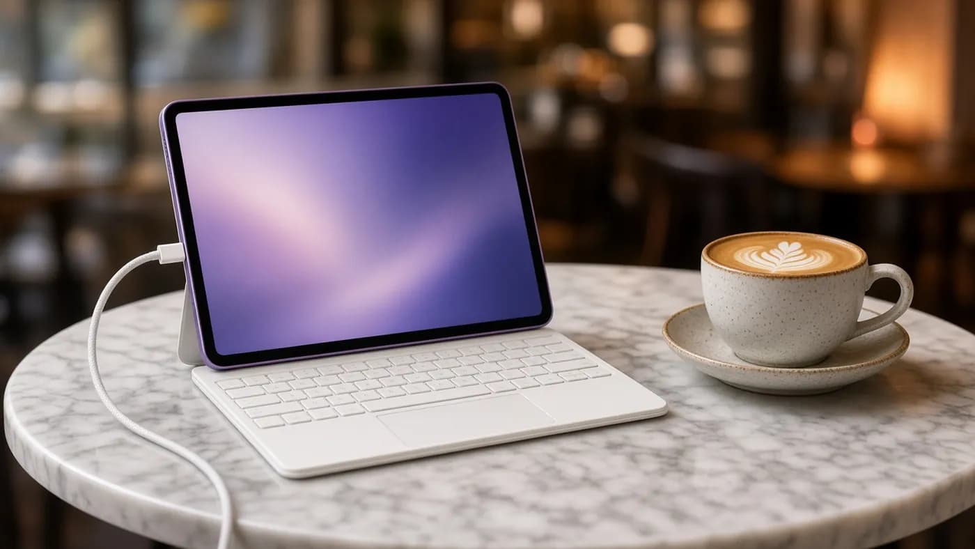 A tablet attached to a floating keyboard case on a cafe table, with a braided USB-C cable plugged into its side