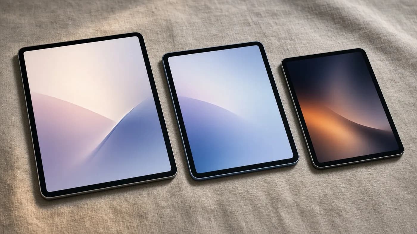 Three tablets of different sizes and bezel widths lying side by side on a warm gray surface under soft studio light