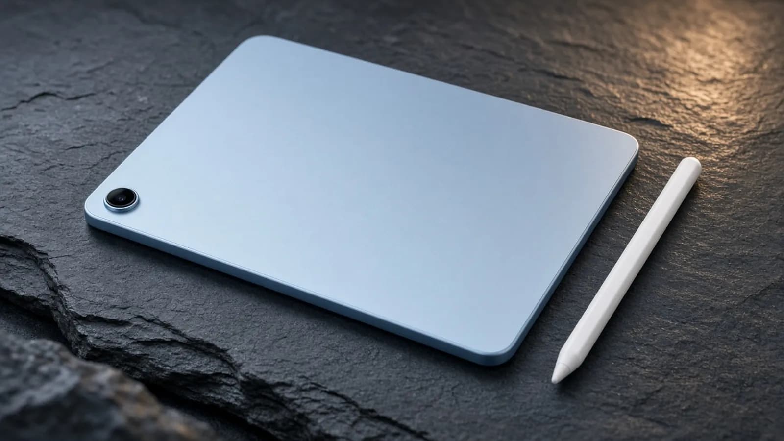 A thin tablet with flat aluminum edges and a single rear camera lying on a dark slate surface beside a white stylus
