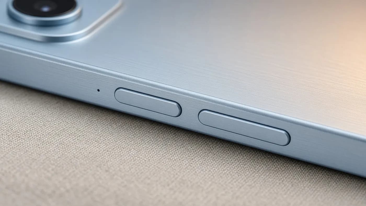 Close-up of a pale blue brushed aluminum smartphone edge showing flat sides and two side buttons