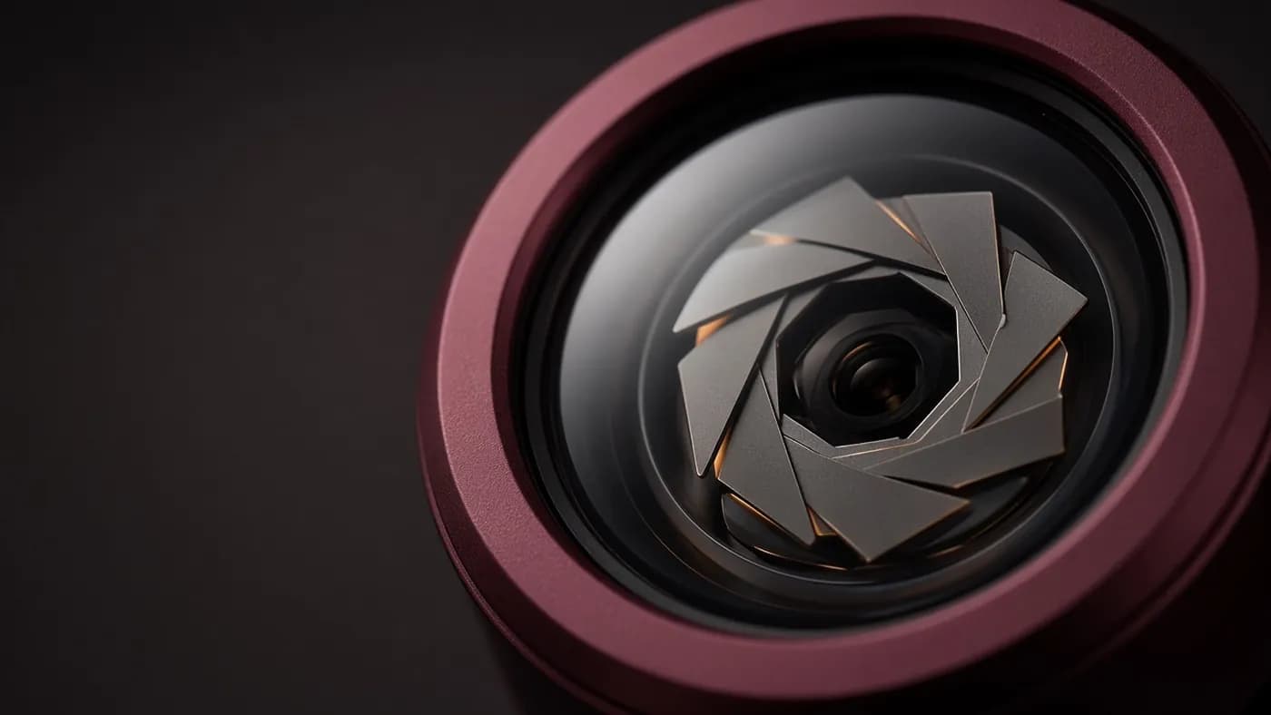 Macro view of a smartphone camera lens revealing thin metal aperture blades inside the glass