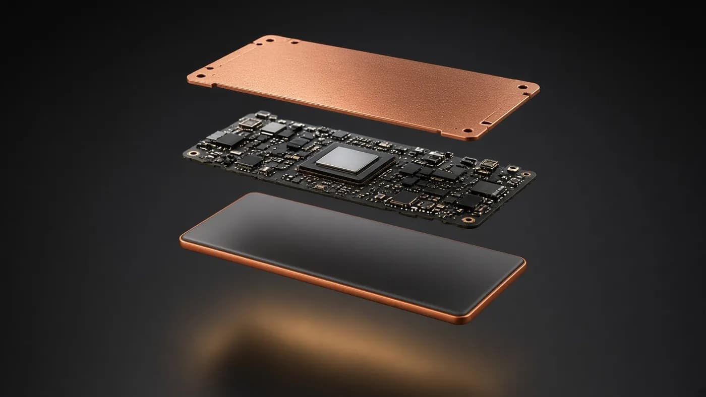 Exploded concept render of smartphone internals showing a copper vapor chamber, a logic board with a processor, and a battery