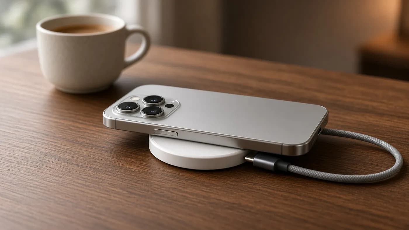 Silver smartphone resting on a white magnetic wireless charging puck on a walnut desk beside a coffee cup