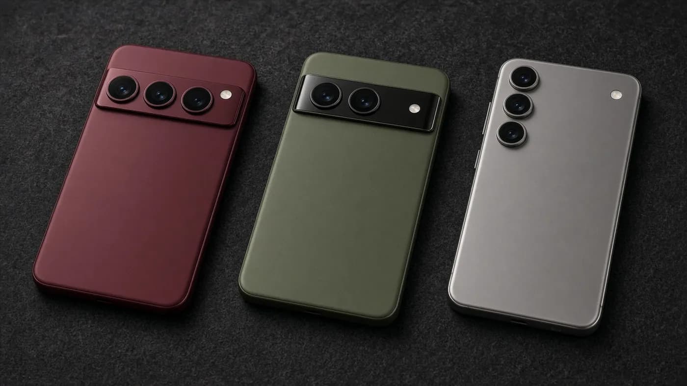 Three flagship smartphones lying face down side by side on dark felt, each with a different camera layout