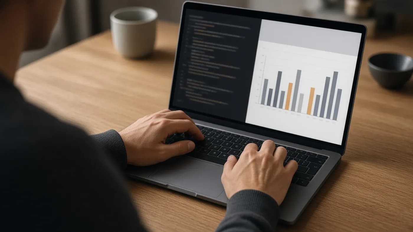 Hands typing on a laptop while the screen shows an abstract command window beside a report page with slate and amber bar graphs, representing a Windows battery report
