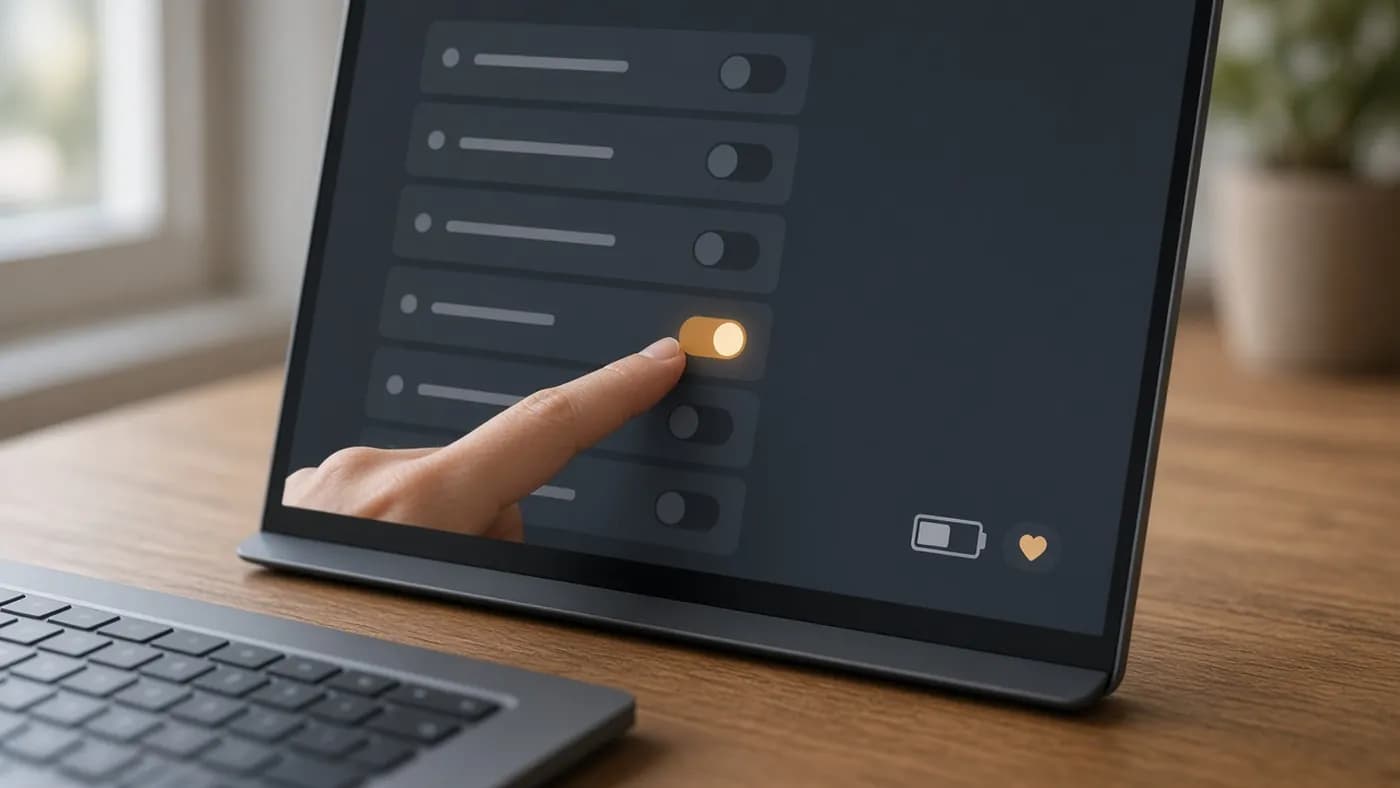 A finger tapping an amber toggle on a laptop touchscreen settings page, with a small battery icon and heart badge in the corner