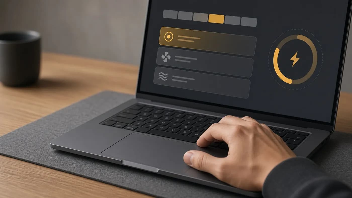 A hand on the trackpad of a laptop showing an abstract manufacturer utility with a segmented slider, three mode cards with one highlighted amber, and a battery ring