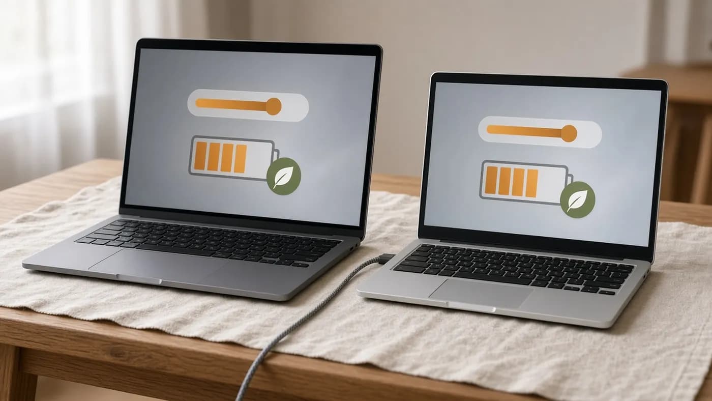 Two laptops side by side on a linen cloth over an oak table, each showing an abstract charging screen with an amber slider and a battery icon with a leaf badge