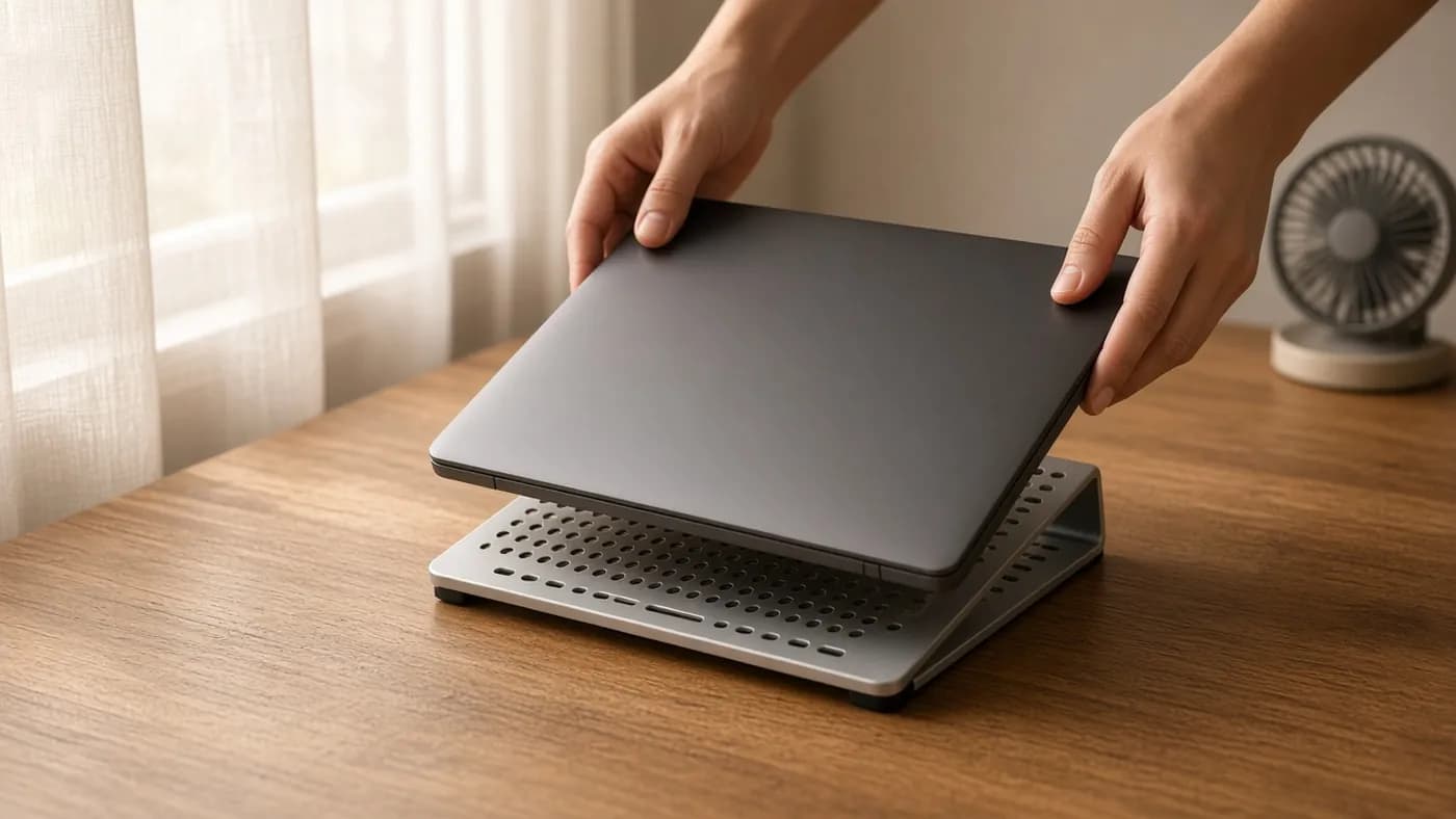 Two hands placing a closed laptop onto a ventilated aluminum stand on an oak desk, away from a curtained sunny window, with a small fan in the background