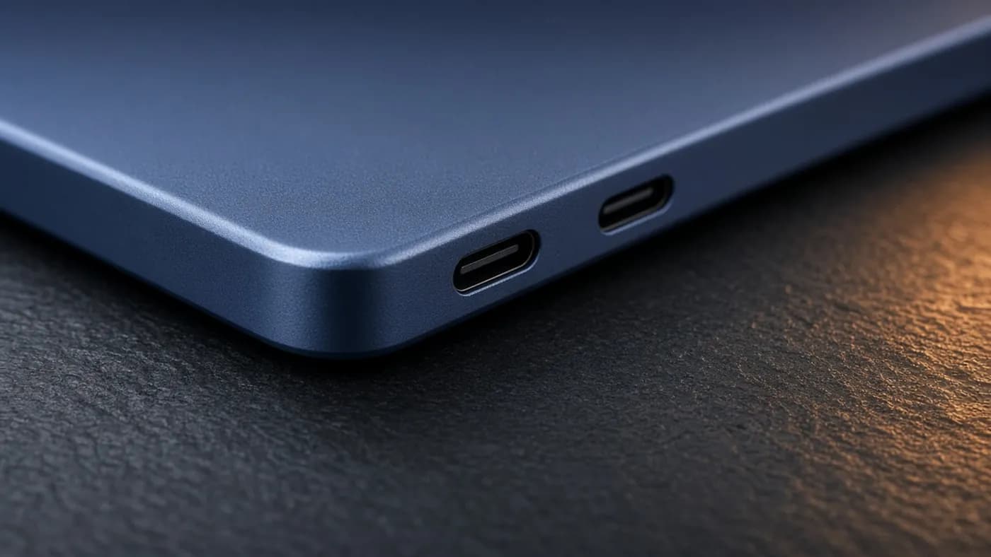 Close-up of the left edge of an indigo aluminum laptop showing two USB-C ports