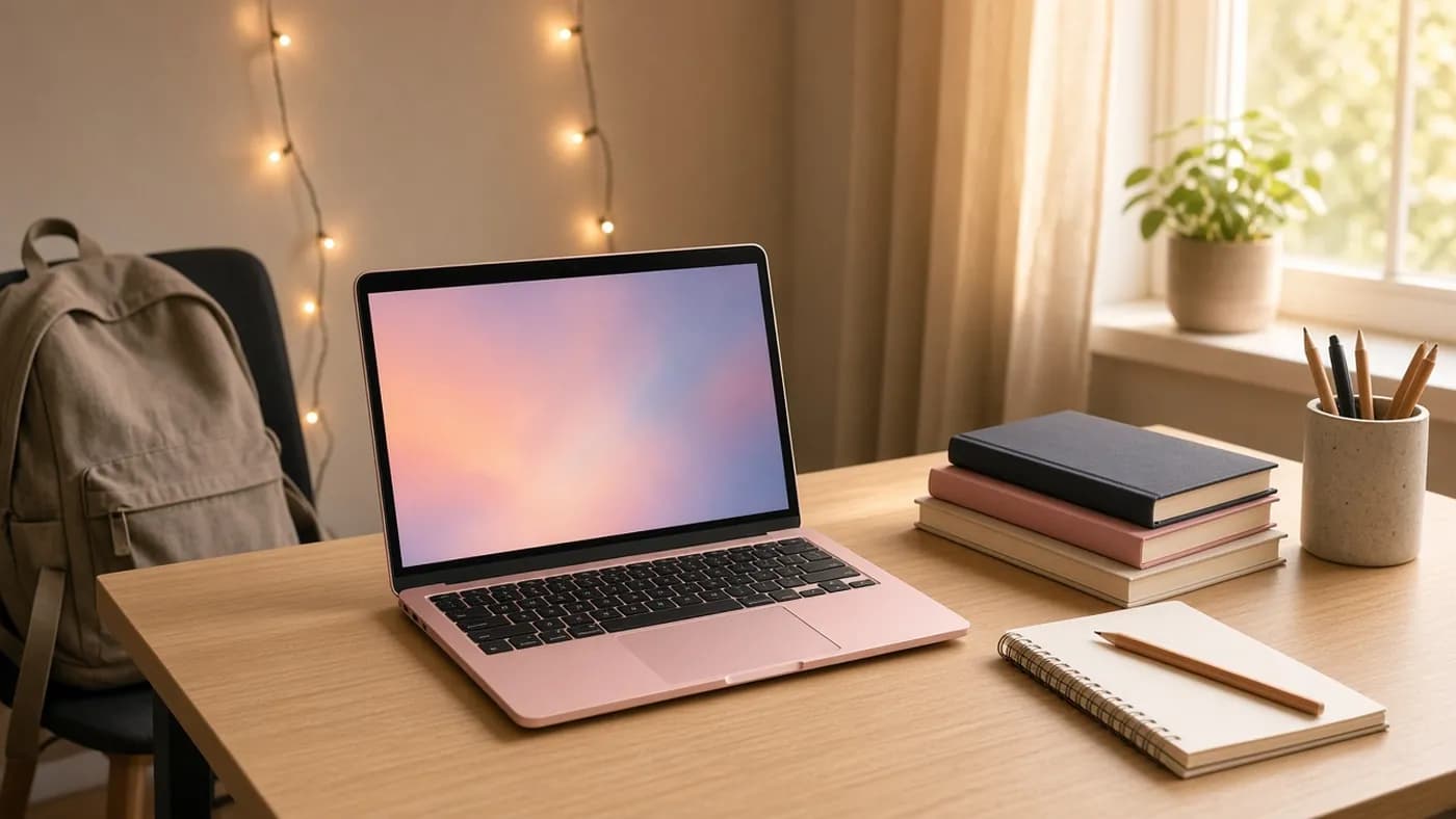 A blush pink laptop open on a tidy dorm desk with textbooks, a notebook, and a backpack in warm afternoon light