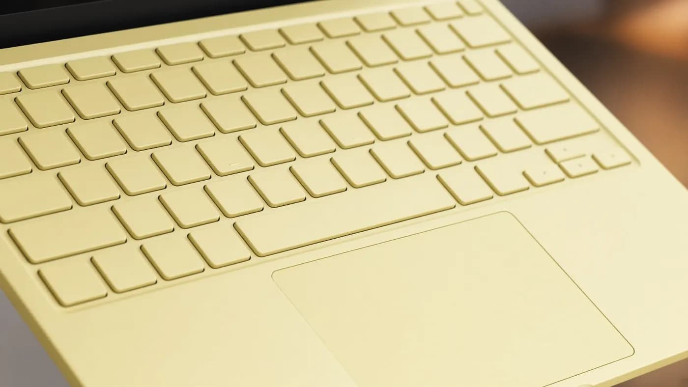 Close-up of a pale citrus yellow laptop keyboard with color-matched keys and a wide trackpad