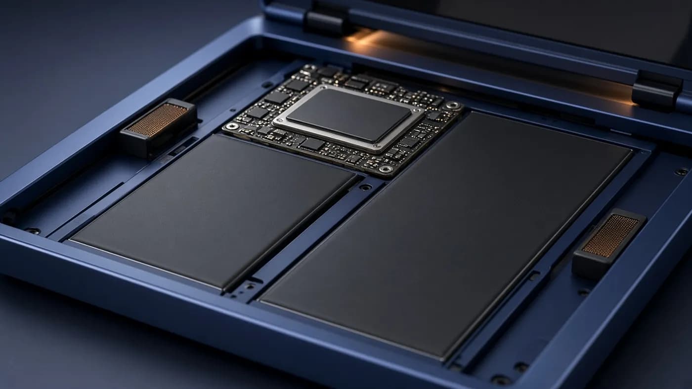 Concept view of a fanless laptop interior with a small logic board, a single chip under a heat spreader, and two large battery cells