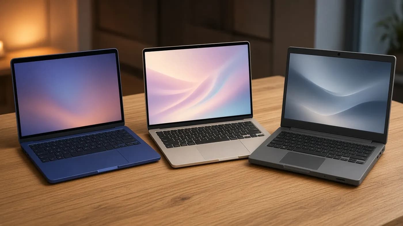 Three laptops side by side on an oak table: a compact indigo model, a slim silver-gold model, and a chunkier gray plastic budget laptop