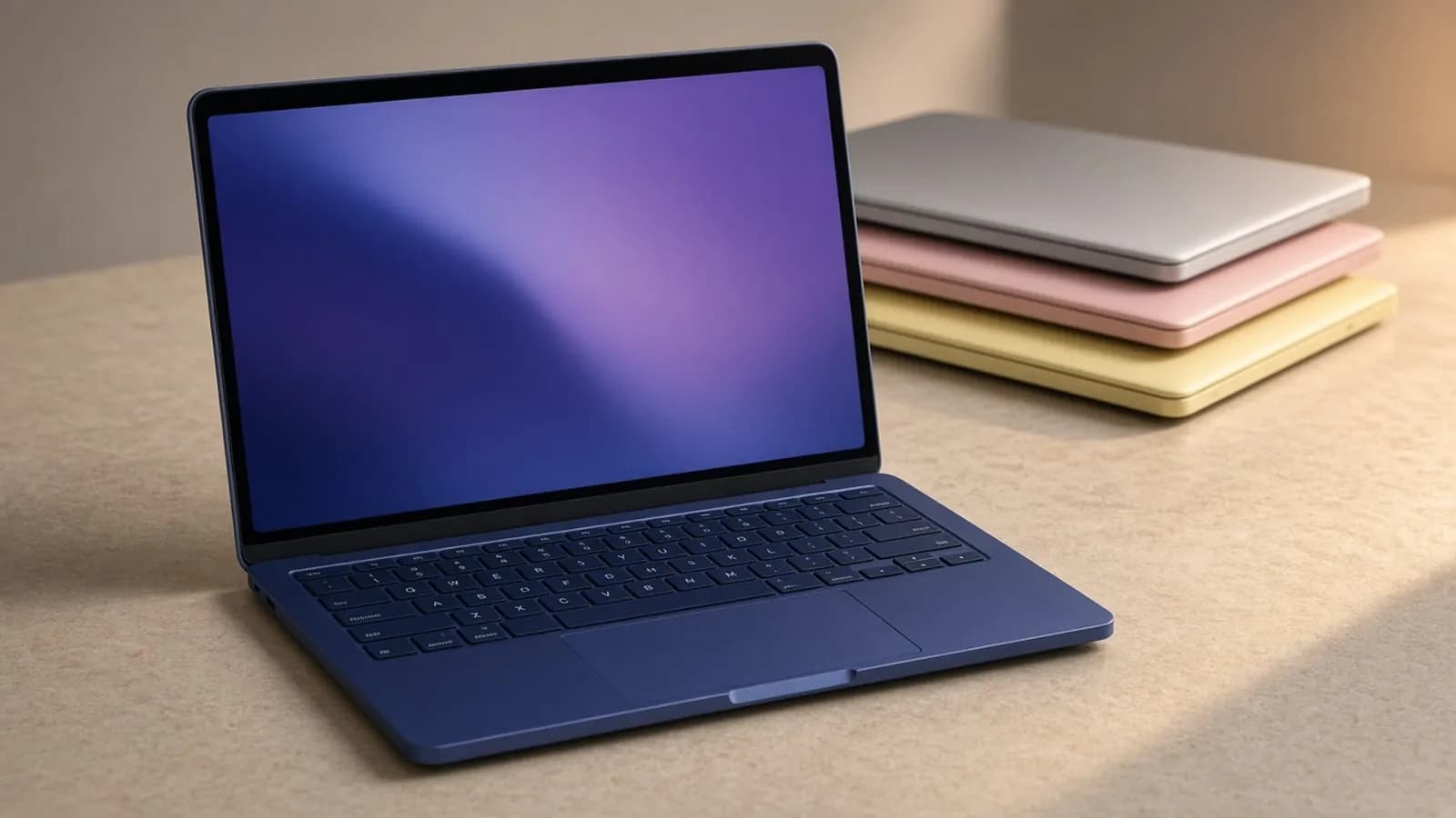 An indigo blue 13-inch aluminum laptop open on a warm stone surface with closed silver, blush pink, and citrus yellow models stacked behind it