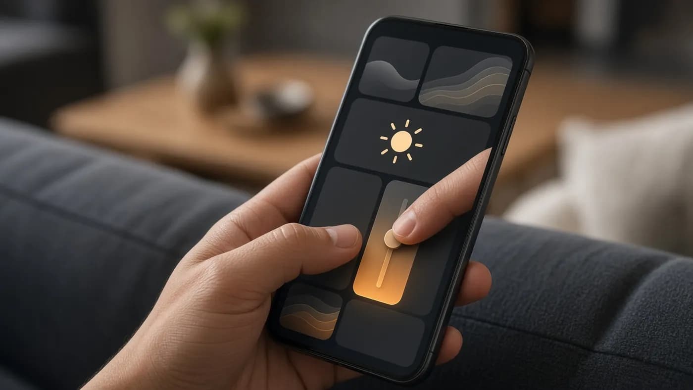 Finger sliding a phone brightness control down on an abstract control panel in a dim living room