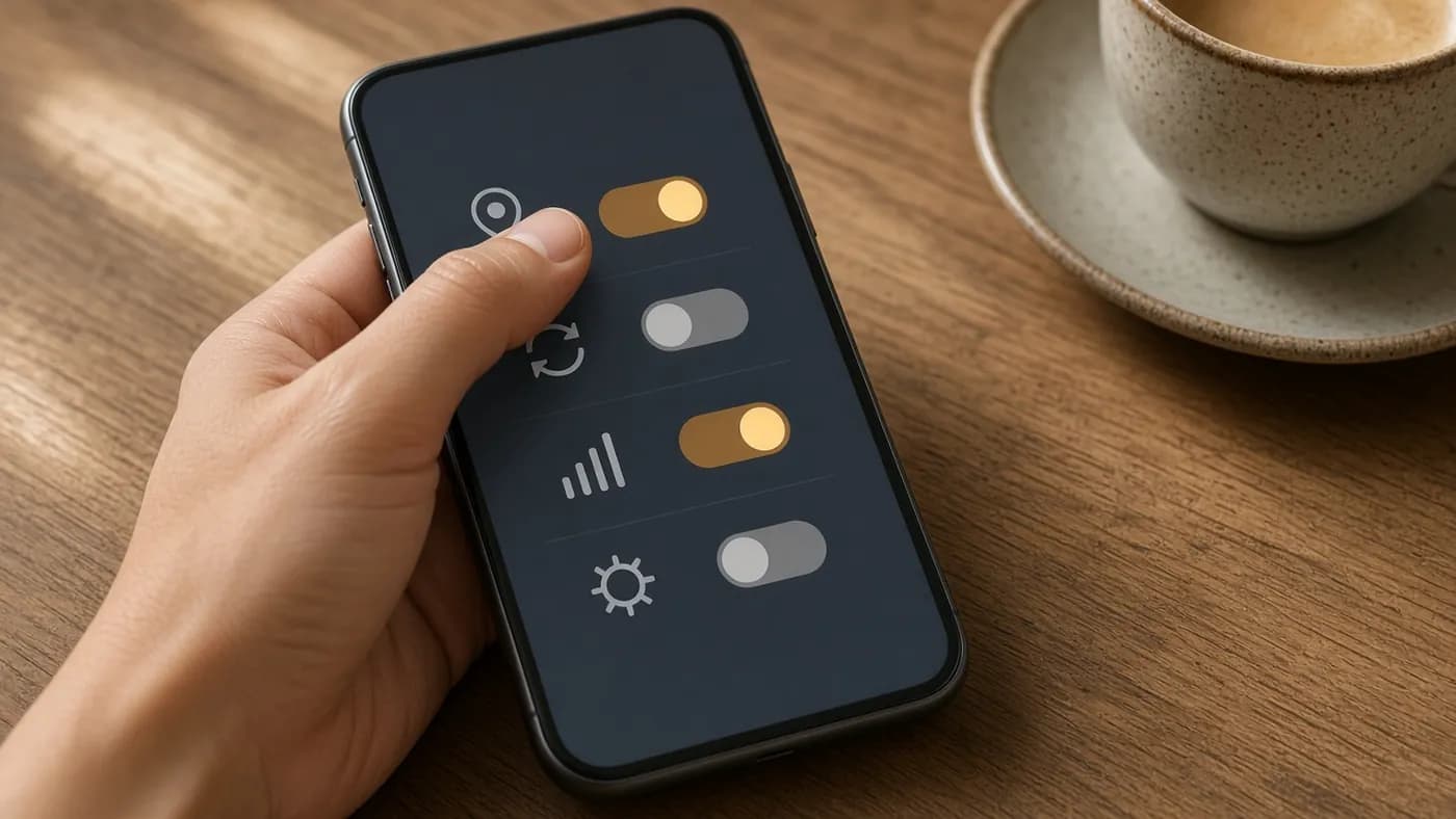 Thumb switching off toggles for location, background refresh and cellular data on a phone resting on an oak table