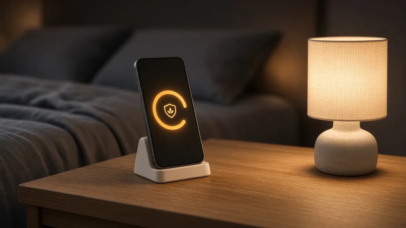 Smartphone on a charging stand on a bedside table at night, screen showing a charge ring about four-fifths full