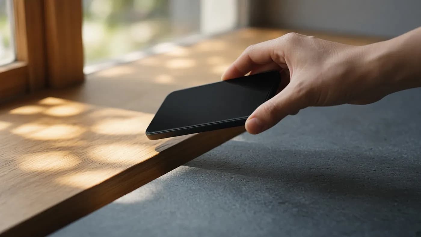Hand moving a smartphone off a sunny windowsill onto a cool, shaded stone table