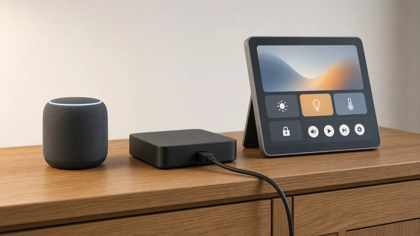 Three smart home controllers side by side on an oak sideboard: a round fabric smart speaker, a compact black streaming box with an Ethernet cable and a small smart display with abstract control tiles