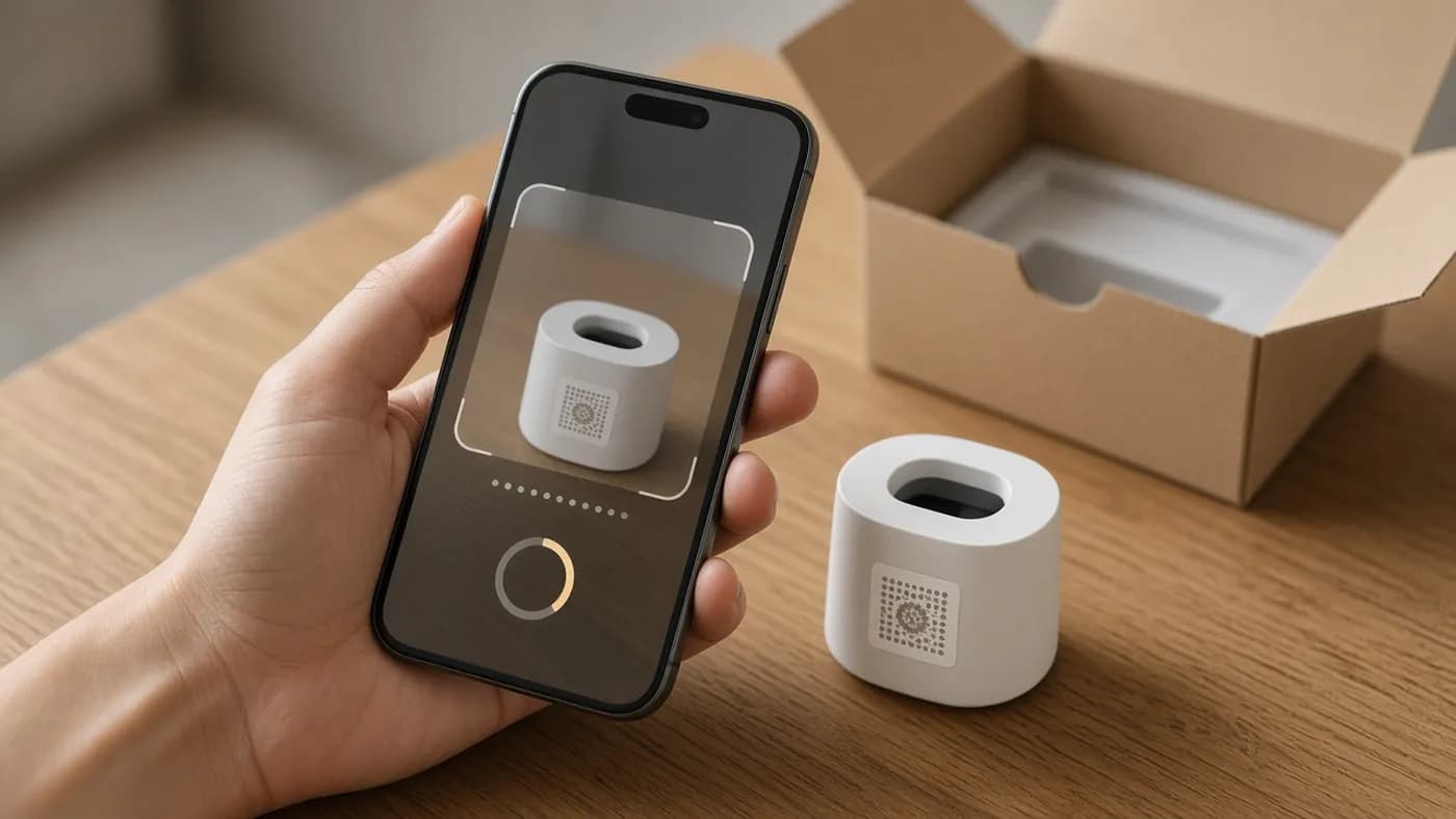 A hand holding a smartphone over a small white smart plug on an oak table, the phone screen framing the plug's square pairing sticker with a scanning progress ring