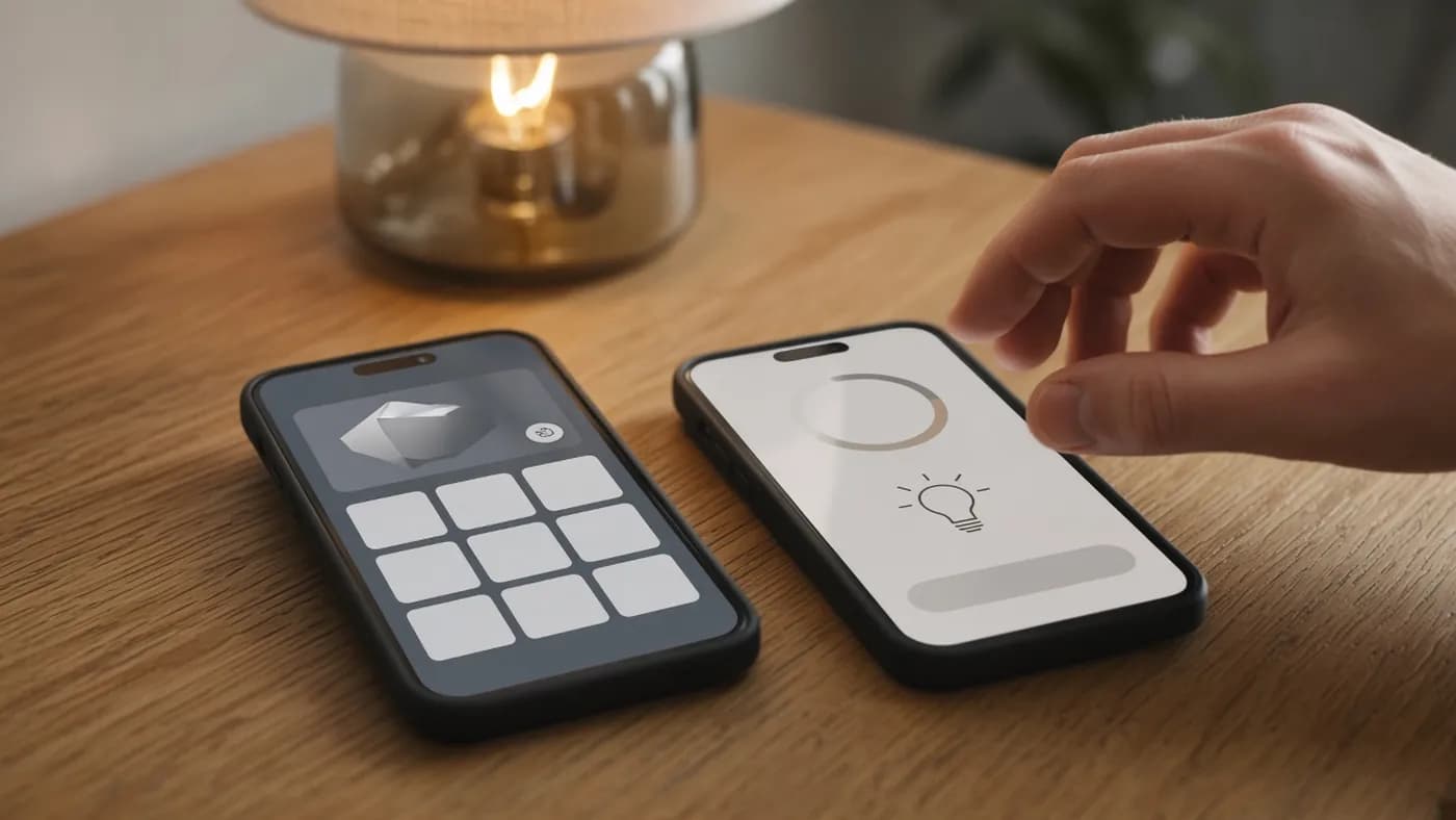 Two smartphones side by side on an oak desk, one showing an abstract device card with a share icon and code blocks, the other showing an add-device screen with a progress ring, as a hand reaches toward them