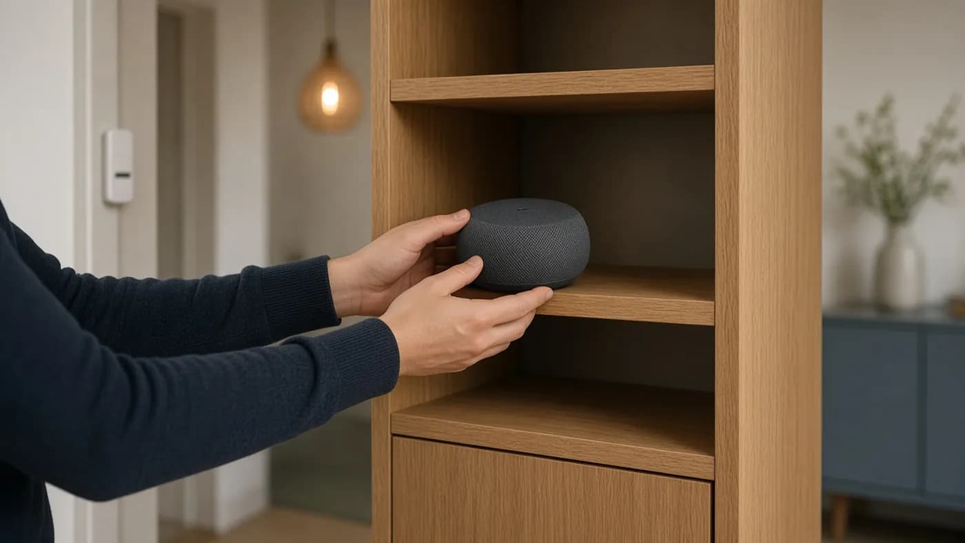 Hands placing a round fabric smart speaker on an open oak bookshelf in a hallway, with a door sensor and a pendant smart bulb softly visible in the background