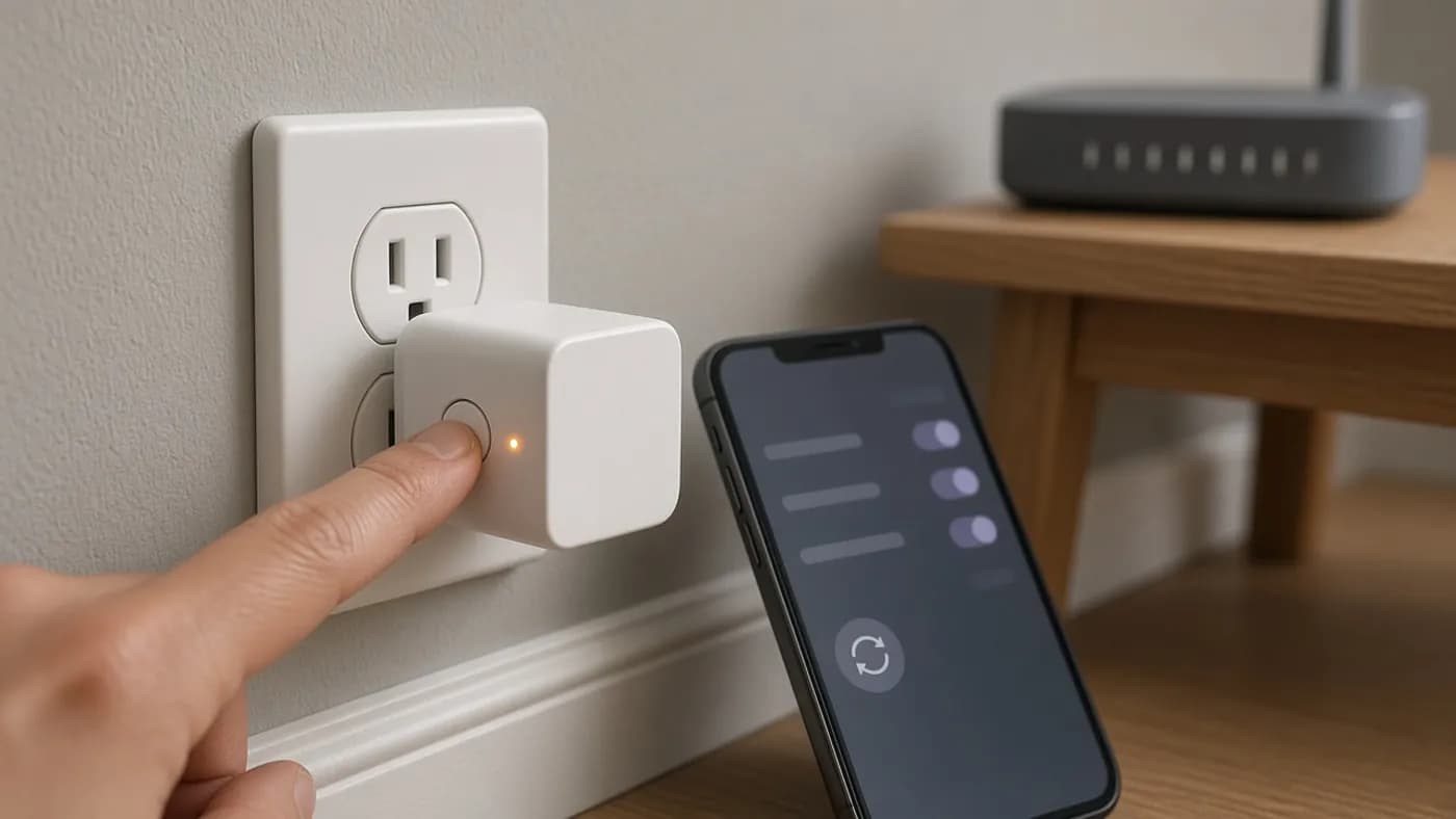 A fingertip pressing the reset button on a white smart plug with a blinking amber light, next to a smartphone showing a settings screen with toggles and a retry icon
