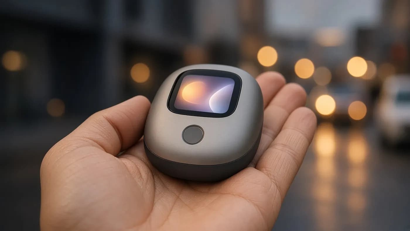 A hand holding a small rounded pocket AI gadget with a thumb near a circular sensor below a small glowing screen