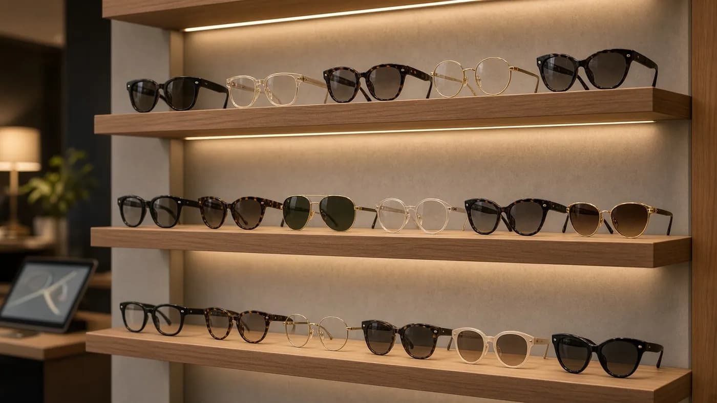 A boutique display wall of stylish smart glasses in many frame shapes and colors on lit wooden shelves