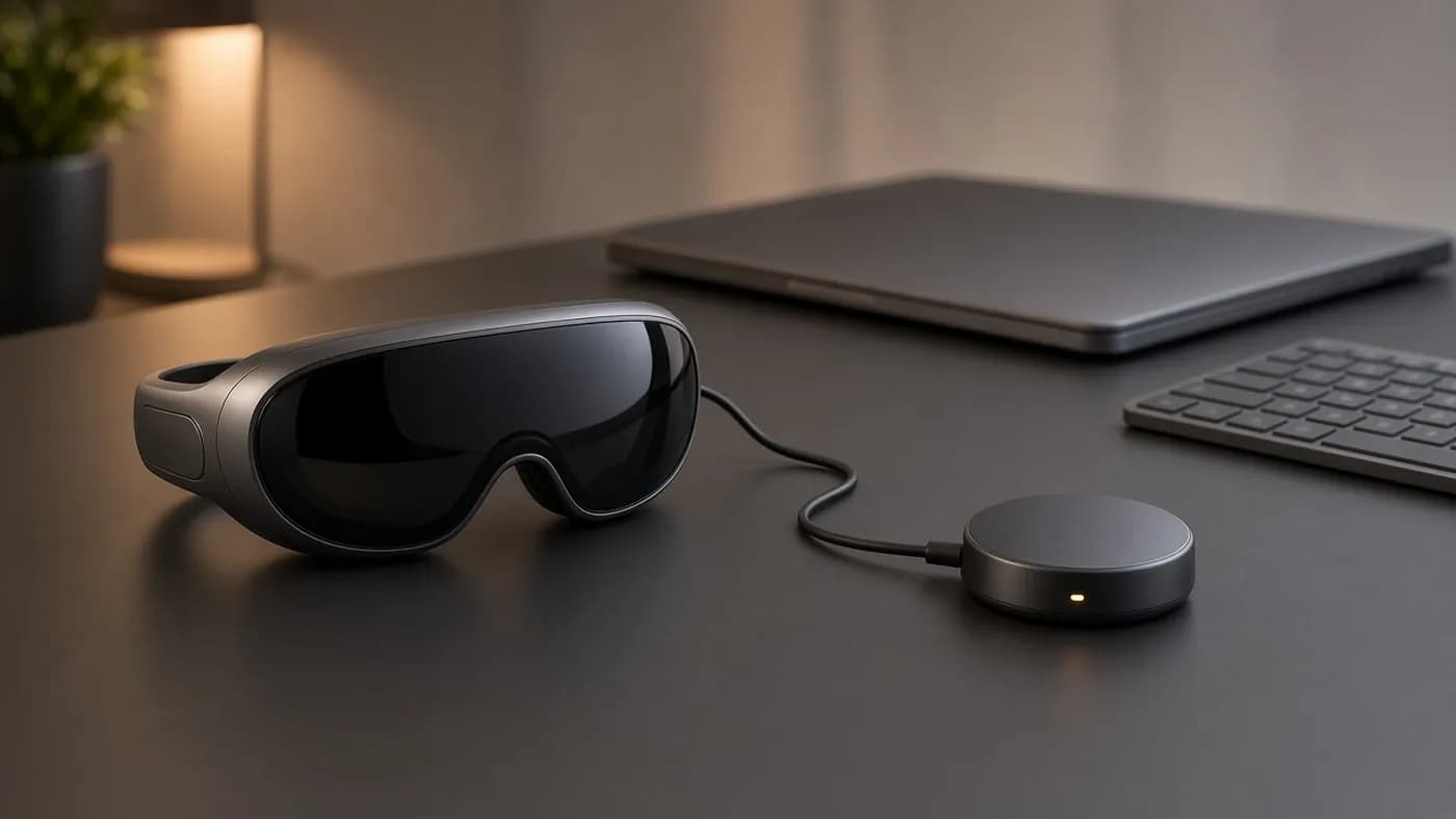 Lightweight dark VR glasses tethered by a thin cable to a round compute puck on a desk beside a laptop and keyboard