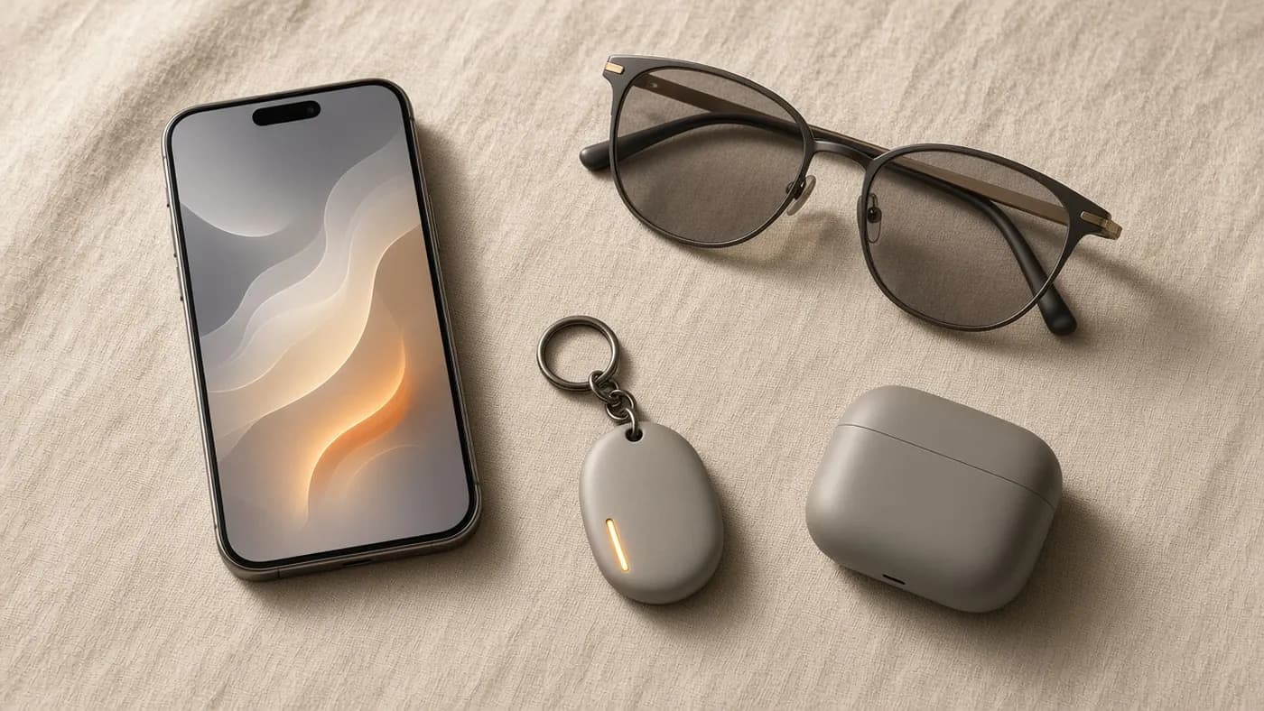 Overhead flat-lay of a smartphone, smart glasses, a small pocket AI pendant on a keyring and an earbuds case on linen