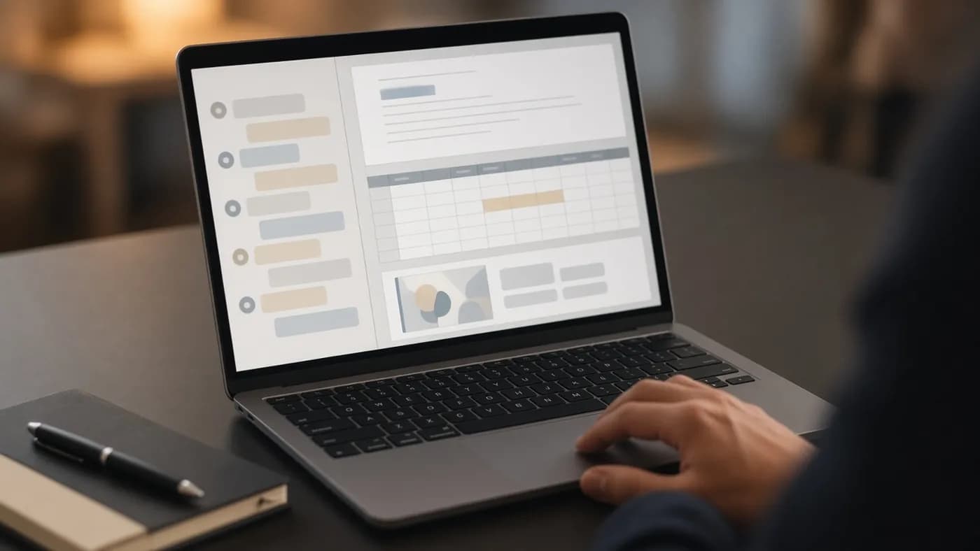 A laptop screen showing an abstract split view with a conversation column beside a document, a spreadsheet grid and a slide strip
