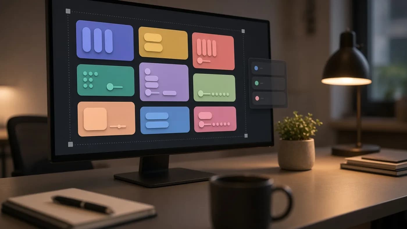 A monitor showing an abstract dashboard of colorful rounded widget tiles inside a dotted boundary box, with a desk lamp nearby