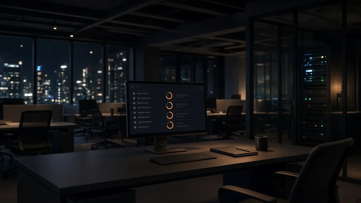 An empty open-plan office at night with one monitor still showing an abstract task list with amber progress rings