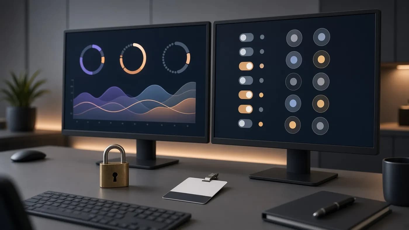 Two monitors on an admin's desk showing abstract spend gauges and permission toggles, with a brass padlock and an access card in the foreground