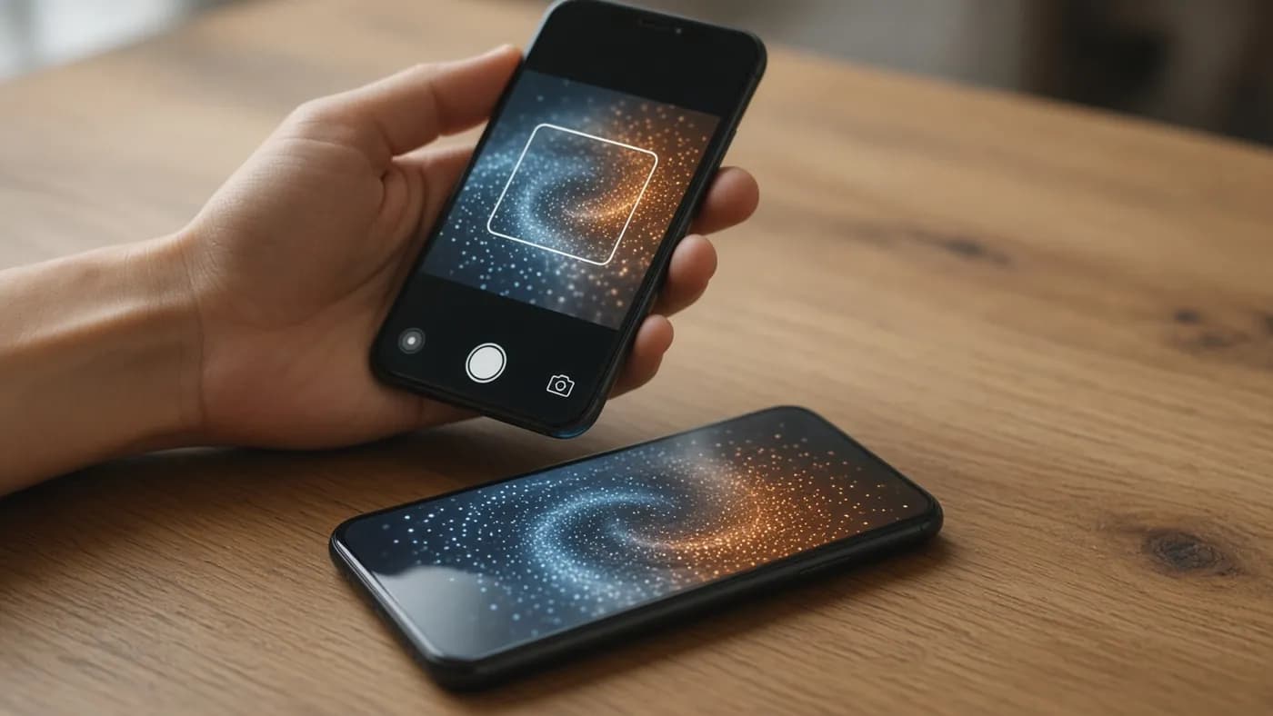 A hand holding an older phone whose camera frames a swirling particle animation displayed on a new phone lying on an oak table