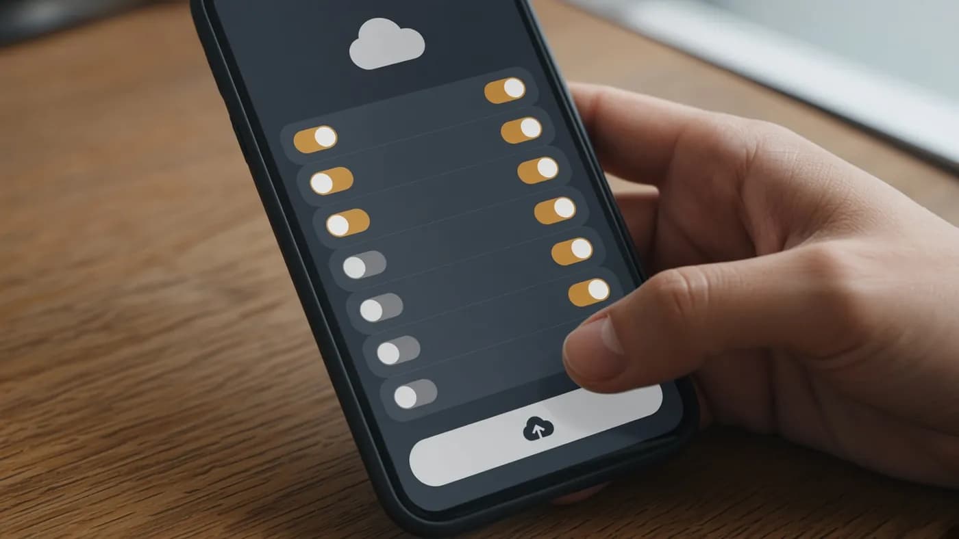 A thumb tapping a backup settings screen on an Android-style phone showing a cloud icon and rows of toggle switches, most switched on in amber