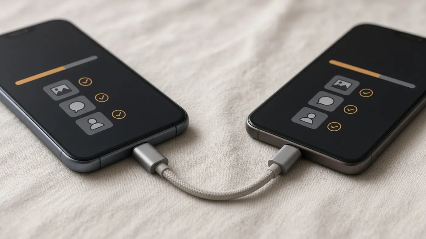 Two smartphones connected by a braided USB-C cable, both screens showing a partly filled amber progress bar and checked icons for photos, messages and contacts
