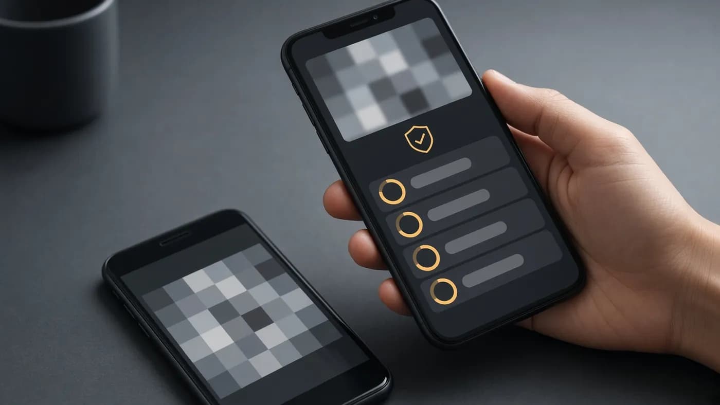 A hand holding a new phone over an old one to scan an abstract square pattern, the new screen showing a shield icon and code cards with amber countdown rings