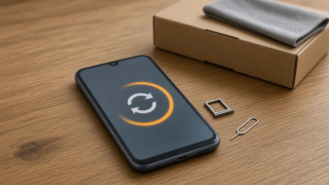 An old phone on an oak table showing a circular reset icon with an amber progress ring, beside an ejected SIM tray, a SIM pin and a plain cardboard mailer box