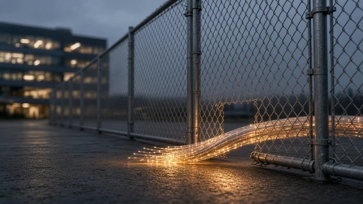 A chain-link security fence with a gap near the base and a bundle of glowing fiber-optic cables threading through it