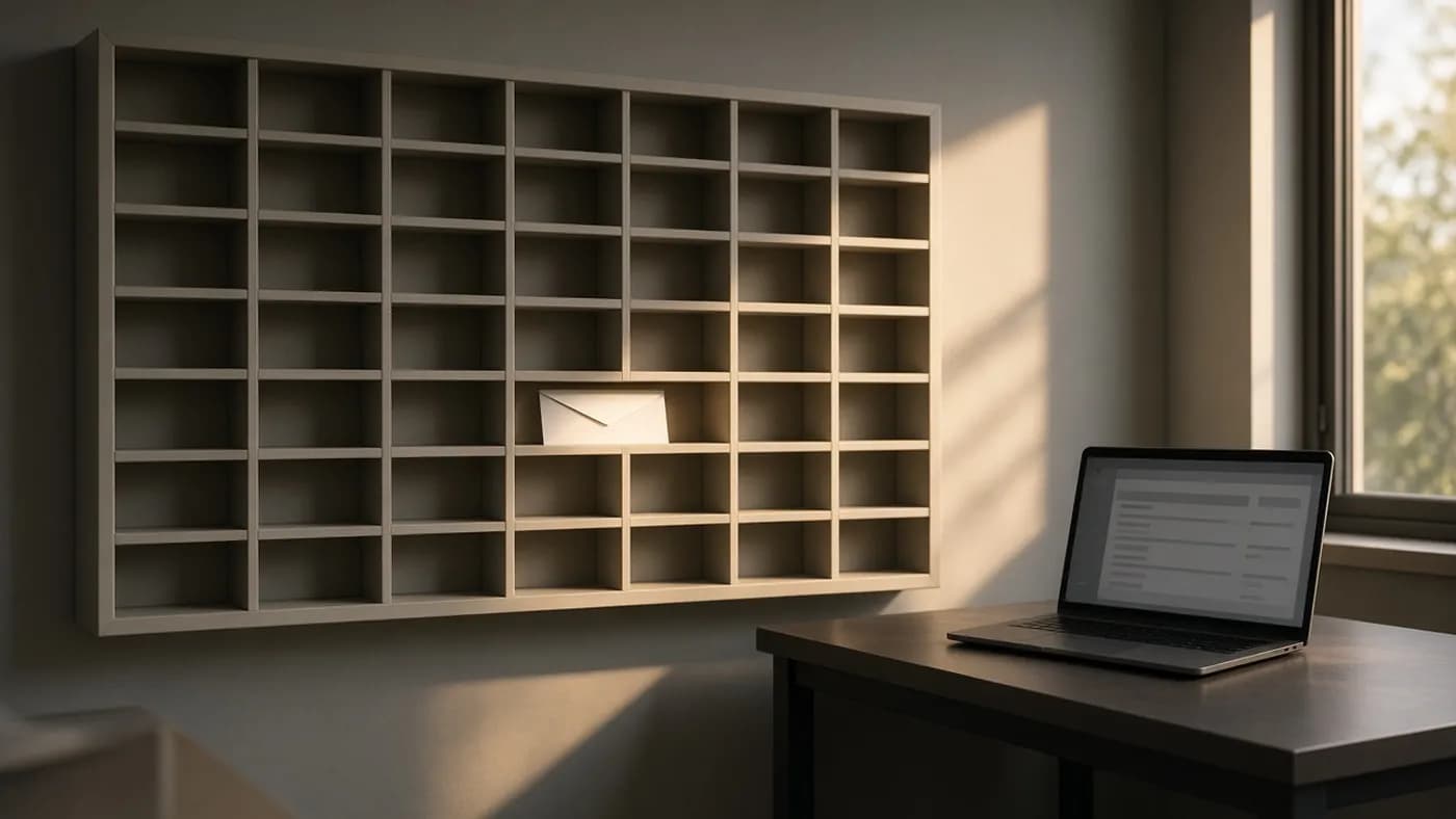 An office mailroom wall of empty pigeonholes with a single white envelope in one slot and a laptop on a nearby desk